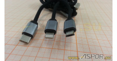 Кабель ASPOR AC-20,  USB 3 в 1-lightning/micro usb/type-c, черный