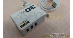 Зарядное устройство ASPOR A858Q, USB + быстрая зарядка + кабель Type-C