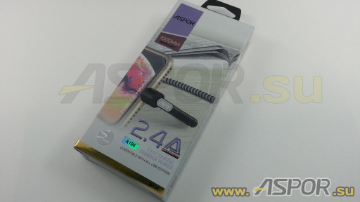Кабель ASPOR A186, lightning USB, черный/серебро
