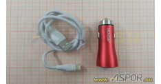 Автомобильное зарядное ASPOR A918, USB  + кабель USB - Lightning, красный