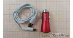 Автомобильное зарядное ASPOR A918, USB + кабель USB - Type-C, красный